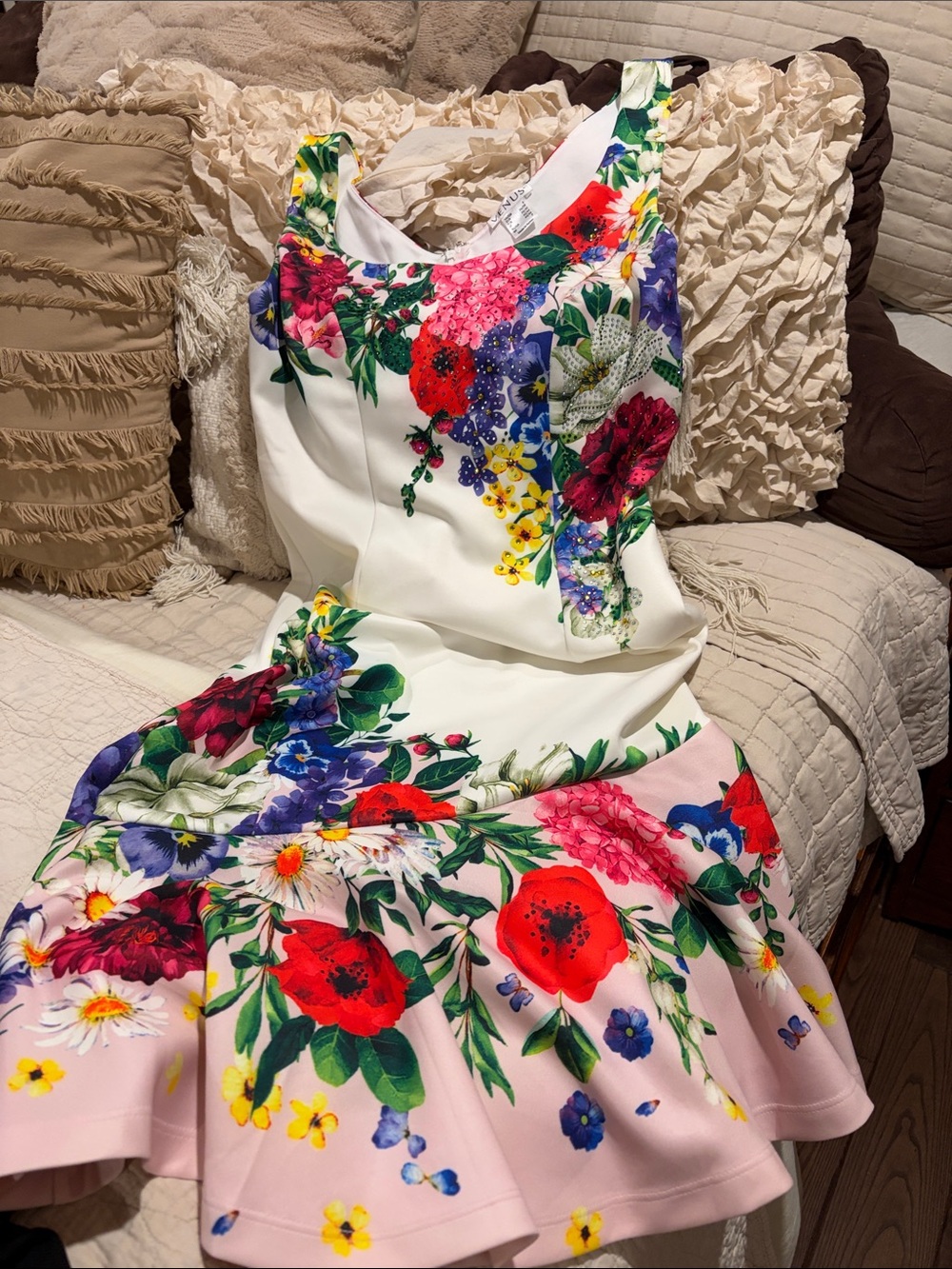 VENUS White Floral Fit-and-Flare Dress with Pink Hem